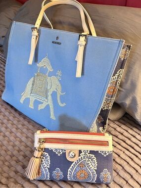 Spartina 449 Lg Canvas Tote & Clutch Yellow Elephant Print and Paisley